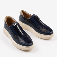 Сини дамски обувки от естествена кожа с модерна апликация от кожа на олекотено ходило с шита подметка с цип