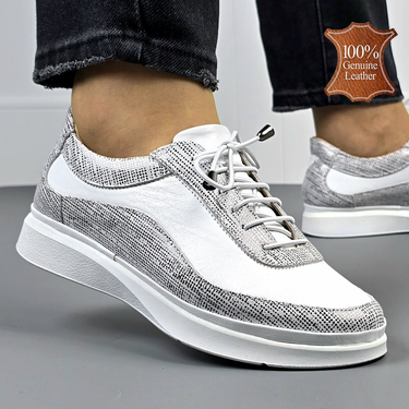 Елегантни бели обувки от естествена кожа с олекотено ходило със сиви детайли с ластични връзки