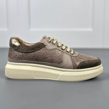 Шикозни дамски бежови кецове от естествена кожа с модерна апликация от кожа на олекотено ходило с шита подметка