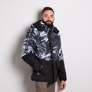 Мъжко ватирано яке с качулка и черно-бял дизайн с принт, наподобяващ планински мотиви – модерно и топло решение за зимата