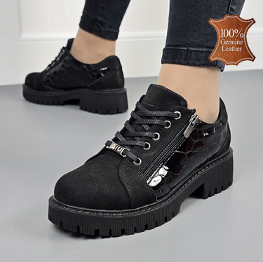 Черни дамски обувки от естествена кожа с ортопедична олекотена подметка и страничен цип – стил и комфорт всеки ден