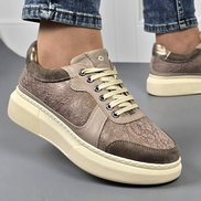 Шикозни дамски бежови кецове от естествена кожа с модерна апликация от кожа на олекотено ходило с шита подметка