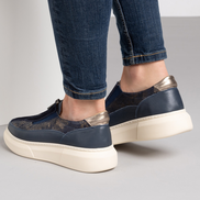 Сини дамски обувки от естествена кожа с модерна апликация от кожа на олекотено ходило с шита подметка с цип