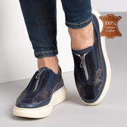 Сини дамски обувки от естествена кожа с модерна апликация от кожа на олекотено ходило с шита подметка с цип