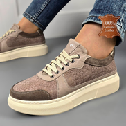 Шикозни дамски бежови кецове от естествена кожа с модерна апликация от кожа на олекотено ходило с шита подметка