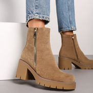 Бежови дамски боти с широк ток и стабилна подметка с декоративен златен цип