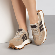 Бежови дамски кецове от естествен велур с текстилни елементи и спортна подметка