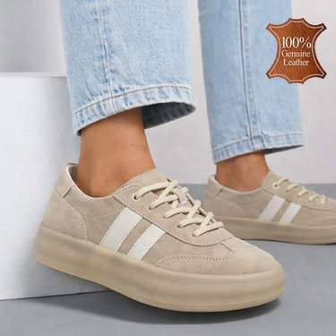 Бежови дамски кецове от естествена кожа с дебели подметки и бели акценти