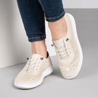 Бежови дамски кожени обувки с ортопедично ходило, ластични връзки и декоративна перфорация