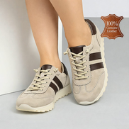 Бежови дамски маратонки от естествена кожа с кафяви детайли и стабилна подметка