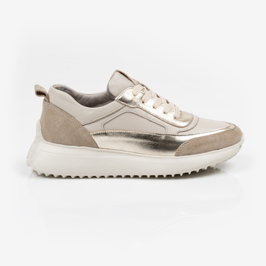 Бежови дамски маратонки от естествена кожа със златисти орнаменти и олекотена подметка