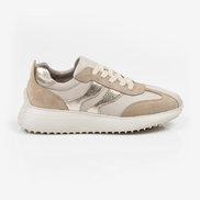 Бежови дамски маратонки от естествена кожа със златисто-кафяви детайли и комфортна подметка