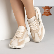 Бежови дамски маратонки от естествена кожа със златисто-кафяви детайли и комфортна подметка