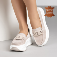 Бежови дамски мокасини от естествен велур на платформа