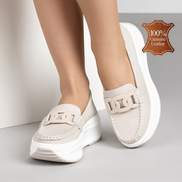 Бежови дамски мокасини от естествена кожа на платформа