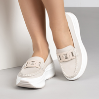 Бежови дамски мокасини от естествена кожа на платформа