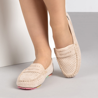 Бежови дамски мокасини с перфорация и стелка от естествена кожа