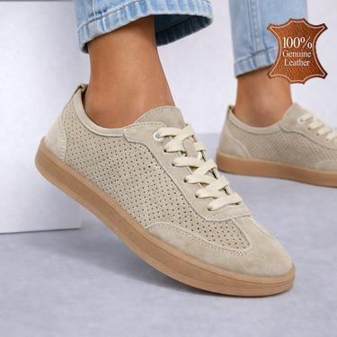 Бежови дамски обувки от естествена кожа с перфорация – меки и удобни