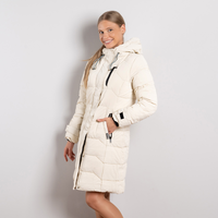 Бежово дамско дълго зимно яке с качулка, връзки и лепенка за коригиране на ръкавите – модел Sdo2XL