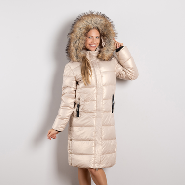 Бежово дамско дълго зимно яке с махаща се качулка и декоративен пух М–3XL