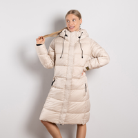 Бежово дамско зимно яке до коляното с качулка и връзки – ватиран модел Sдо2XL