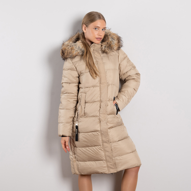Бежово дълго дамско зимно яке с махаща се качулка и пух Mдо3XL