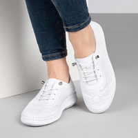 Бели дамски кожени обувки с ортопедично ходило, ластични връзки и декоративна перфорация