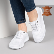 Бели дамски кожени обувки с ортопедично ходило, ластични връзки и декоративна перфорация