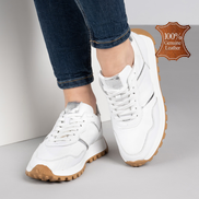 Бели дамски спортни обувки от естествена кожа със сребристи акценти и ортопедично ходило