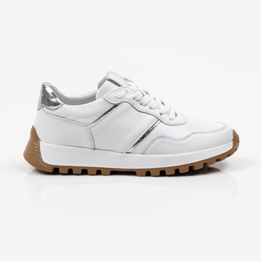 Бели дамски спортни обувки от естествена кожа със сребристи акценти и ортопедично ходило