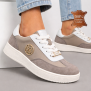 Дамски бежови кецове от естествена кожа с велурени акценти и олекотена подметка