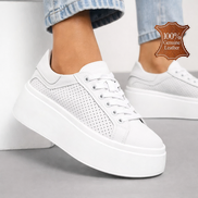 Дамски бели кожени кецове с перфорация и дебела подметка от естествена кожа