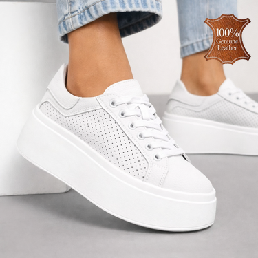 Дамски бели кожени кецове с перфорация и дебела подметка от естествена кожа