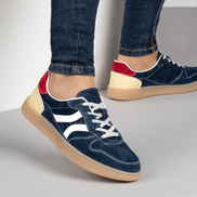 Дамски кецове от естествена кожа – син цвят с модерни цветни елементи