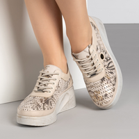 Дамски обувки от естествена кожа на платформа – екрю с мраморен десен