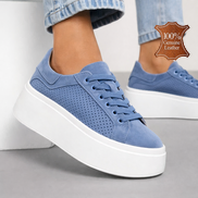 Дамски сини кожени кецове с перфорация и дебела подметка от естествена кожа