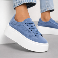 Дамски сини кожени кецове с перфорация и дебела подметка от естествена кожа