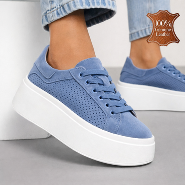 Дамски сини кожени кецове с перфорация и дебела подметка от естествена кожа