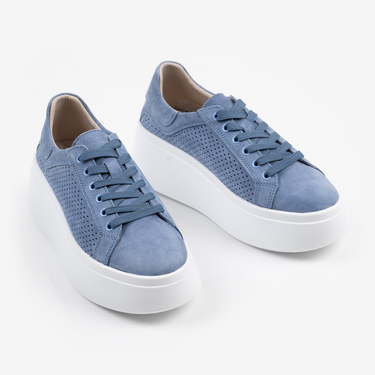 Дамски сини кожени кецове с перфорация и дебела подметка от естествена кожа