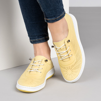 Жълти дамски кожени обувки с ортопедично ходило, ластични връзки и декоративна перфорация