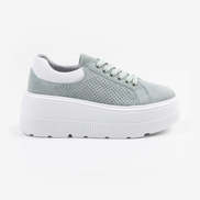 Зелени дамски кецове от естествен велур с перфорация и висока платформа