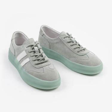 Зелени дамски кецове от естествена кожа с дебели подметки и бели акценти