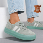 Зелени дамски кецове от естествена кожа с дебели подметки и бели акценти