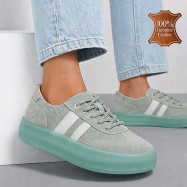 Зелени дамски кецове от естествена кожа с дебели подметки и бели акценти