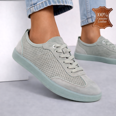 Зелени дамски обувки от естествена кожа с перфорация – меки и удобни