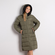 Зелено дамско дълго ватирано яке с декорирана качулка