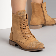 Кафяви дамски велурени боти с връзки и камъчета