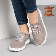 Кафяви дамски кожени обувки с ортопедично ходило, ластични връзки и декоративна перфорация