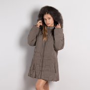 Кафяво дамско ватирано яке с пухена сваляща се качулка