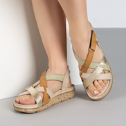 Комфортни дамски сандали от естествена кожа – сиво със зелени и златни акценти